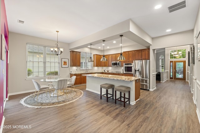 6 Beth Page Dr, Monroe, NJ 08831 - kitchen featuring appliances with stainless steel finishes, a center island, dark wood-style flooring, a chandelier, and recessed lighting