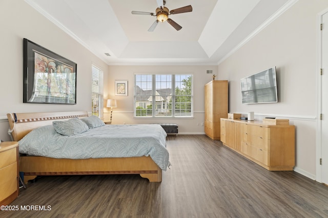 6 Beth Page Dr, Monroe, NJ 08831 - bedroom with a tray ceiling, dark wood-type flooring, baseboards, ceiling fan, and crown molding