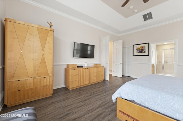 6 Beth Page Dr, Monroe, NJ 08831 - bedroom featuring dark wood-type flooring, ornamental molding, connected bathroom, a ceiling fan, and baseboards