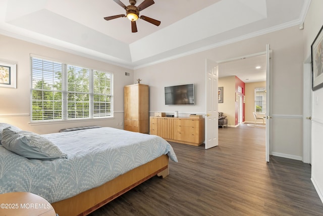 6 Beth Page Dr, Monroe, NJ 08831 - bedroom featuring a tray ceiling, dark wood-style floors, baseboards, ornamental molding, and a ceiling fan