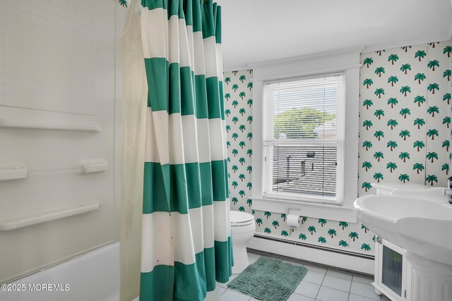 400 W Lake Ave, Bay Head, NJ 08742 - bathroom with wallpapered walls, a baseboard radiator, toilet, tile patterned flooring, and shower / bathtub combination with curtain