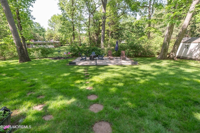 12 Hickory Dr, East Brunswick, NJ 08816 - view of green lawn featuring a patio, an outbuilding, and a storage unit