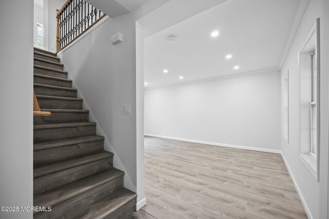 47 Imlaystown Rd, Cream Ridge, NJ 08514 - staircase with ornamental molding, wood finished floors, baseboards, and recessed lighting