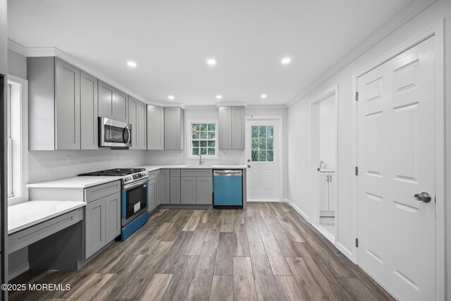 47 Imlaystown Rd, Cream Ridge, NJ 08514 - kitchen featuring appliances with stainless steel finishes, gray cabinetry, crown molding, dark wood-style flooring, and light countertops