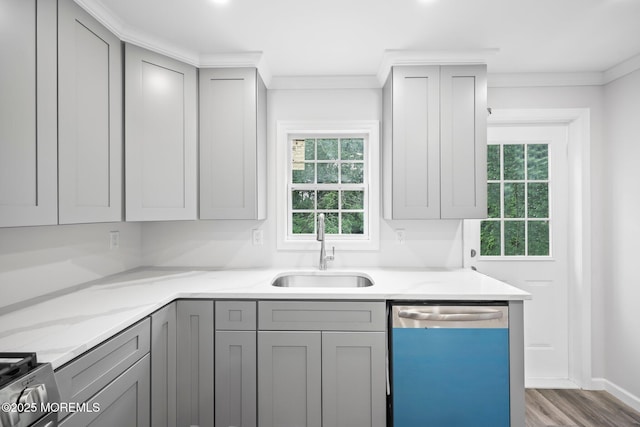 47 Imlaystown Rd, Cream Ridge, NJ 08514 - kitchen with dishwasher, a sink, gray cabinetry, light stone countertops, and ornamental molding