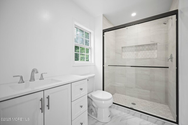 47 Imlaystown Rd, Cream Ridge, NJ 08514 - full bathroom with a shower stall, toilet, marble finish floors, vanity, and recessed lighting