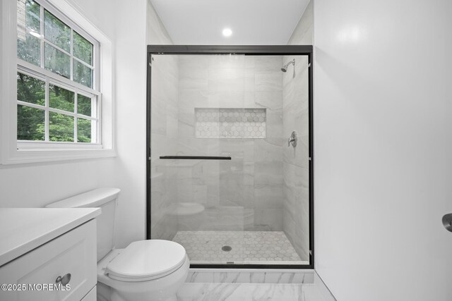 47 Imlaystown Rd, Cream Ridge, NJ 08514 - full bath with marble finish floors, a stall shower, toilet, vanity, and recessed lighting