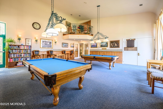 585 Waterford Dr, Manchester, NJ 08759 - rec room with high vaulted ceiling, carpet, billiards table, and wainscoting