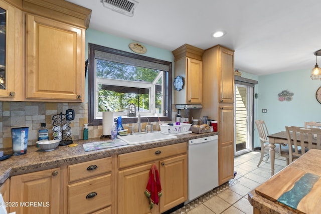15 Creighton Cir, Old Bridge, NJ 08857 - kitchen with dishwasher, light tile patterned flooring, backsplash, light brown cabinetry, and recessed lighting
