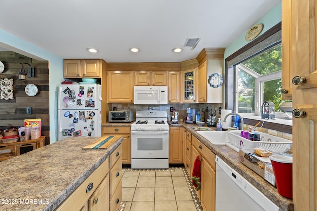 15 Creighton Cir, Old Bridge, NJ 08857 - kitchen featuring white appliances, a sink, light tile patterned floors, decorative backsplash, and glass insert cabinets