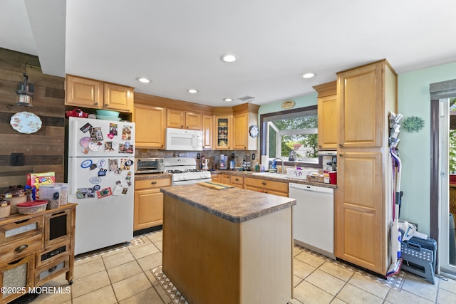15 Creighton Cir, Old Bridge, NJ 08857 - kitchen with white appliances, light tile patterned flooring, a sink, backsplash, and recessed lighting