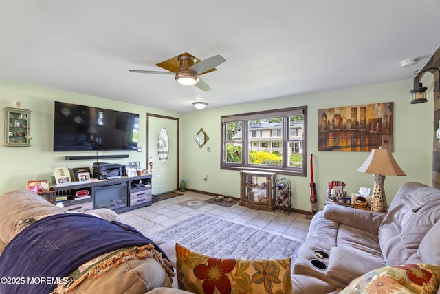 15 Creighton Cir, Old Bridge, NJ 08857 - living area featuring baseboards, tile patterned floors, and ceiling fan