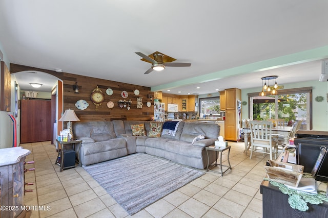 15 Creighton Cir, Old Bridge, NJ 08857 - living area with ceiling fan, light tile patterned floors, plenty of natural light, wooden walls, and recessed lighting