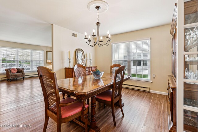 27 Gladstone Ave, Manchester, NJ 08759 - dining room featuring baseboard heating, a chandelier, wood finished floors, and baseboards
