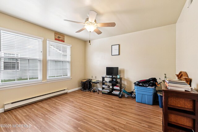 27 Gladstone Ave, Manchester, NJ 08759 - office area with a baseboard heating unit, light wood-style flooring, ceiling fan, and baseboards