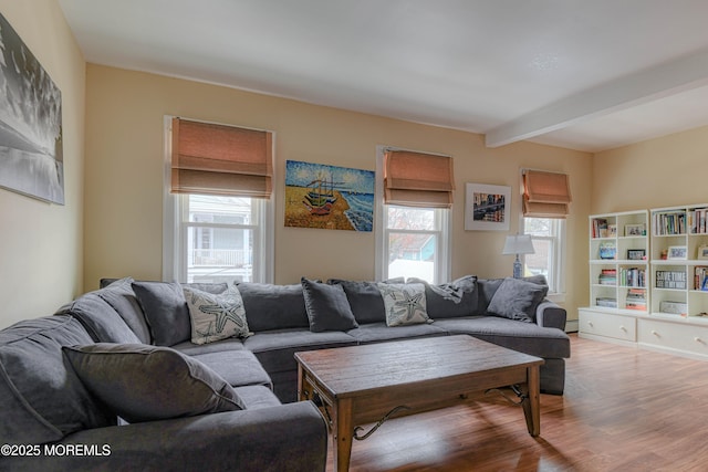 living room featuring wood finished floors, beamed ceiling, and a baseboard radiator