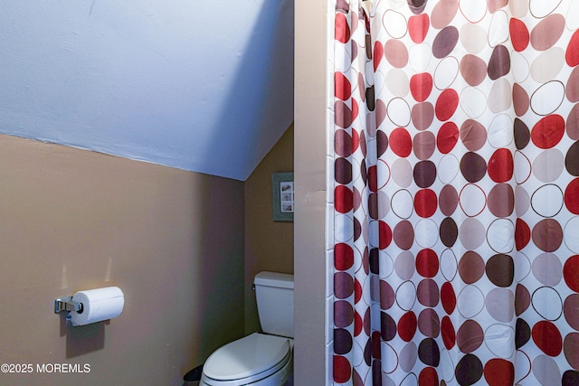 full bath featuring toilet, lofted ceiling, and a shower with shower curtain