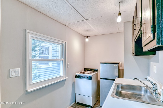 kitchen featuring white electric range oven, freestanding refrigerator, a sink, and a paneled ceiling