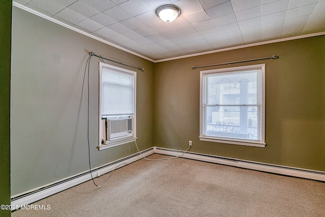 empty room with crown molding, plenty of natural light, carpet, baseboard heating, and cooling unit