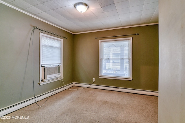 carpeted spare room featuring ornamental molding, cooling unit, and baseboard heating