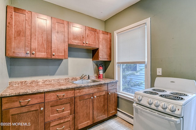 kitchen with white electric range oven, a sink, baseboard heating, and brown cabinetry