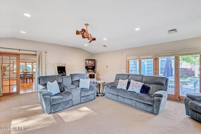 55 Yorktowne Dr, Manalapan, NJ 07726 - carpeted living area featuring vaulted ceiling and recessed lighting