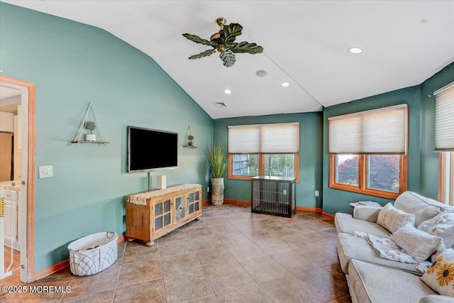 55 Yorktowne Dr, Manalapan, NJ 07726 - living area featuring lofted ceiling, baseboards, ceiling fan, and recessed lighting