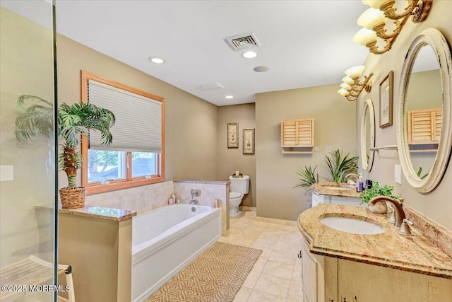 55 Yorktowne Dr, Manalapan, NJ 07726 - bathroom with a garden tub, toilet, vanity, recessed lighting, and tile patterned floors