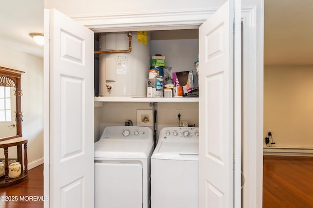7 Danbury Ct, Red Bank, NJ 07701 - laundry room featuring wood finished floors, washing machine and dryer, a baseboard heating unit, and water heater