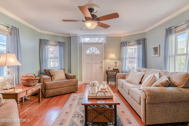 70 Clark Ave, Ocean Grove, NJ 07756 - living room featuring light wood-style flooring, plenty of natural light, crown molding, and ceiling fan