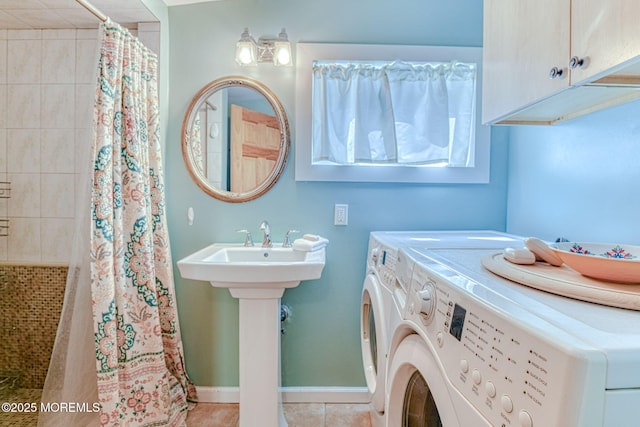 70 Clark Ave, Ocean Grove, NJ 07756 - bathroom with washing machine and clothes dryer, tiled shower, tile patterned flooring, and baseboards