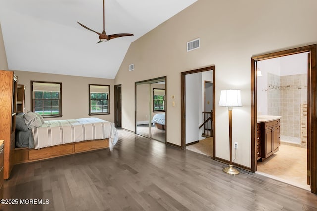 112 Deer Path Ln, Freehold, NJ 07728 - bedroom featuring high vaulted ceiling, wood finished floors, baseboards, ensuite bathroom, and a ceiling fan