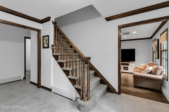 112 Deer Path Ln, Freehold, NJ 07728 - stairway with ornamental molding, baseboards, and recessed lighting