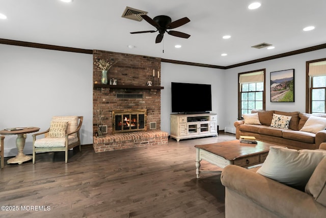 112 Deer Path Ln, Freehold, NJ 07728 - living area with crown molding, ceiling fan, wood finished floors, recessed lighting, and a fireplace