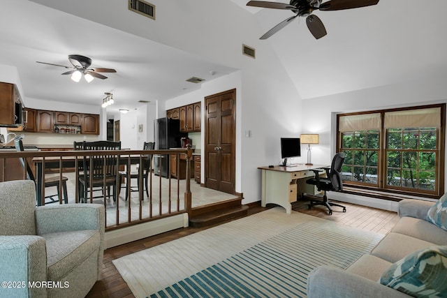 112 Deer Path Ln, Freehold, NJ 07728 - living room featuring ceiling fan, an office area, hardwood / wood-style floors, and high vaulted ceiling