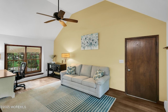 112 Deer Path Ln, Freehold, NJ 07728 - living area with wood finished floors, ceiling fan, an office area, and high vaulted ceiling