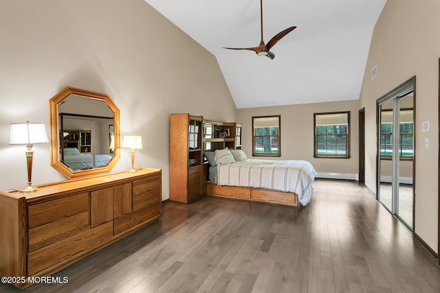 112 Deer Path Ln, Freehold, NJ 07728 - bedroom with high vaulted ceiling, wood finished floors, and a ceiling fan