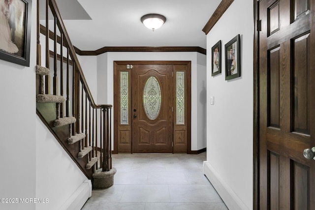 112 Deer Path Ln, Freehold, NJ 07728 - foyer entrance featuring stairs, baseboards, ornamental molding, and light tile patterned flooring
