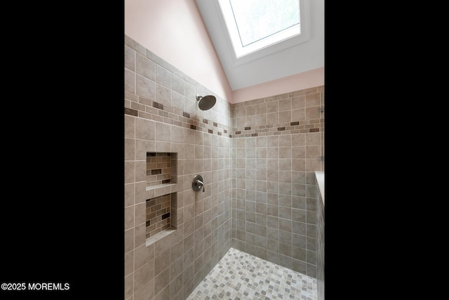 112 Deer Path Ln, Freehold, NJ 07728 - bathroom with tiled shower and a skylight