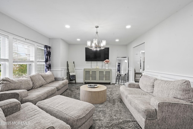 639 Longview Dr, Toms River, NJ 08753 - carpeted living area with a chandelier, a wainscoted wall, and recessed lighting