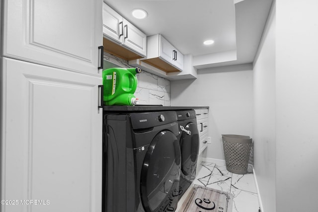 639 Longview Dr, Toms River, NJ 08753 - washroom with washing machine and clothes dryer, light marble finish floors, baseboards, cabinet space, and recessed lighting