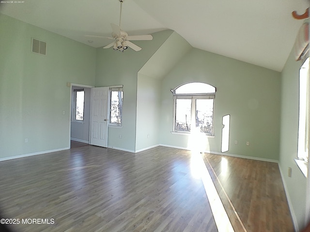 28 Bayview Ct, Long Branch, NJ 07740 - unfurnished living room with a ceiling fan, high vaulted ceiling, dark wood-style floors, and baseboards