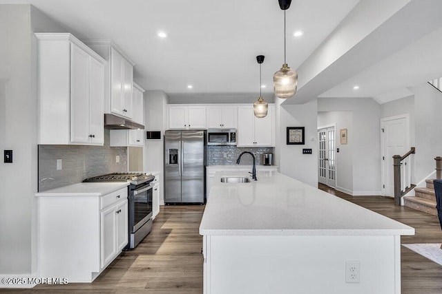 83 Weston Dr, Woolwich, NJ 08085 - kitchen featuring appliances with stainless steel finishes, a sink, under cabinet range hood, white cabinetry, and decorative backsplash