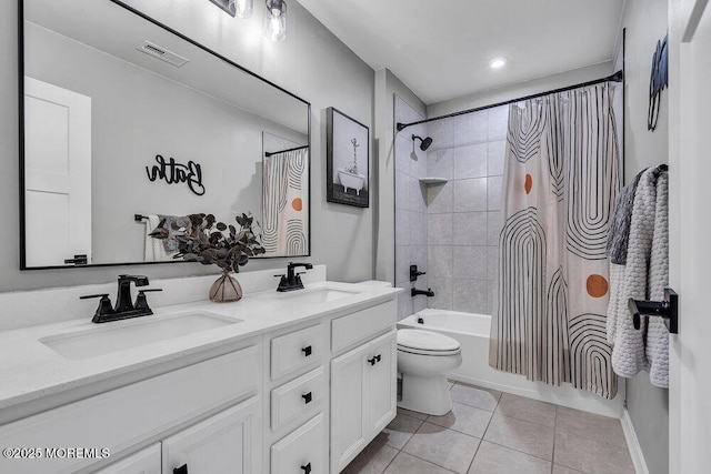 83 Weston Dr, Woolwich, NJ 08085 - bathroom featuring tile patterned flooring, double vanity, shower / tub combo, and toilet