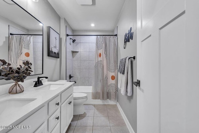 83 Weston Dr, Woolwich, NJ 08085 - bathroom with tile patterned flooring, toilet, double vanity, shower / tub combo with curtain, and baseboards