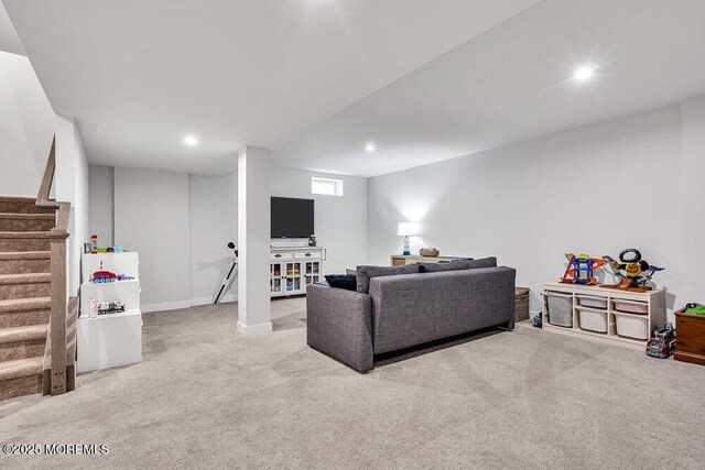 83 Weston Dr, Woolwich, NJ 08085 - carpeted living room featuring stairs, recessed lighting, and baseboards