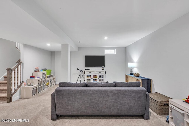 83 Weston Dr, Woolwich, NJ 08085 - living area featuring carpet floors, stairway, and recessed lighting