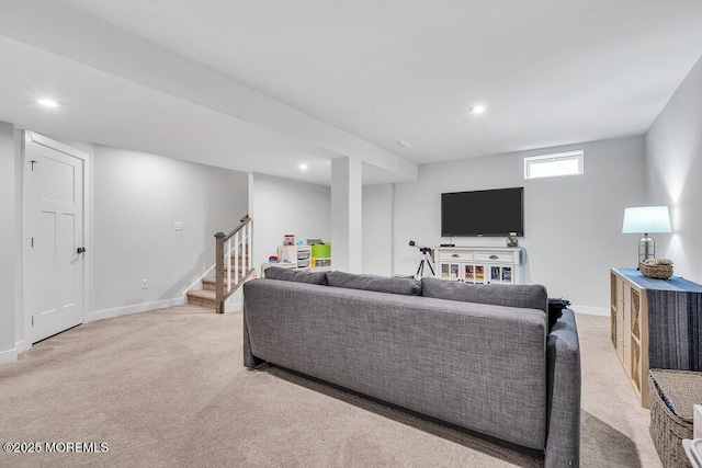 83 Weston Dr, Woolwich, NJ 08085 - living area with light colored carpet, stairs, baseboards, and recessed lighting