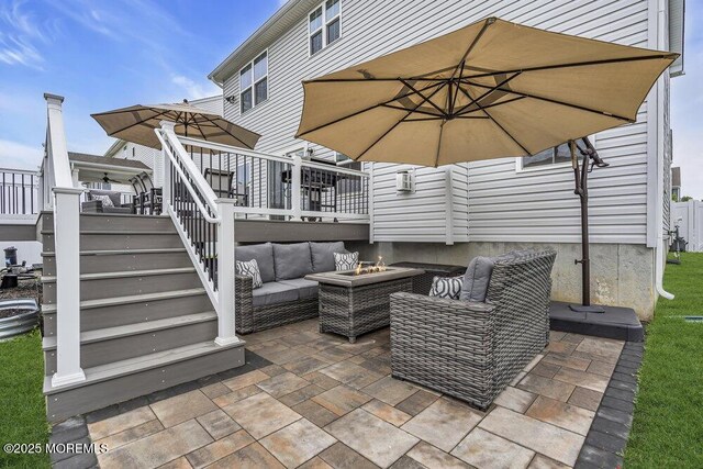 83 Weston Dr, Woolwich, NJ 08085 - view of patio / terrace with an outdoor living space with a fire pit, stairway, and a deck