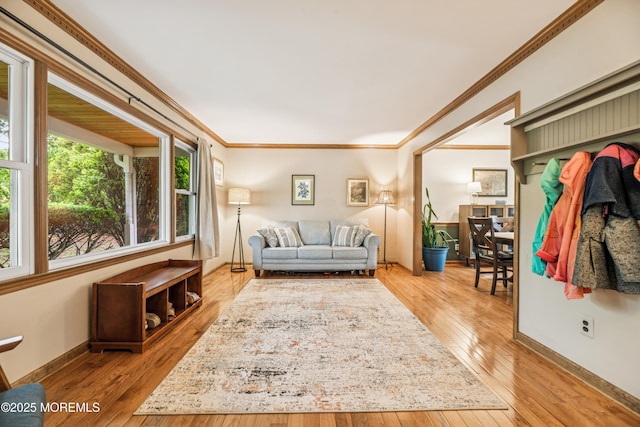 325 Oak Hill Rd, Red Bank, NJ 07701 - living room with ornamental molding, hardwood / wood-style flooring, and baseboards